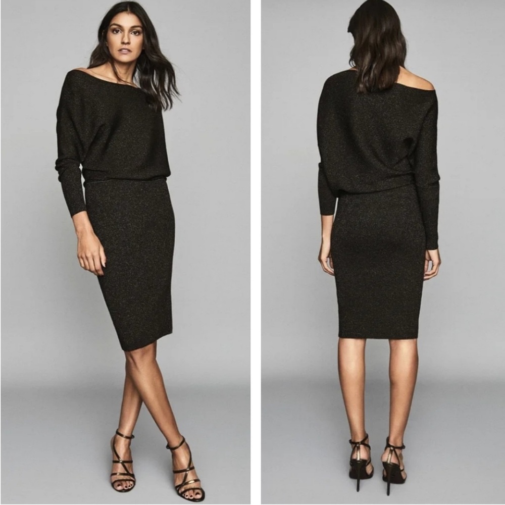 NWT Reiss Vera Metallic Draped One-Shoulder Knit Dress in XS